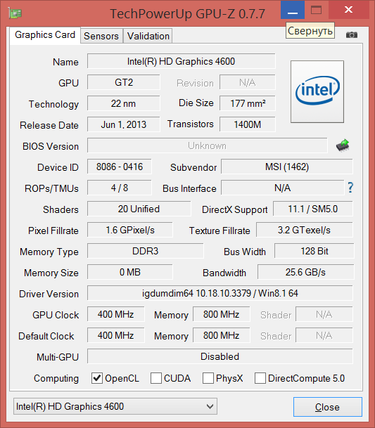  MSI GT60 2PC Dominator: information about integrated graphics 