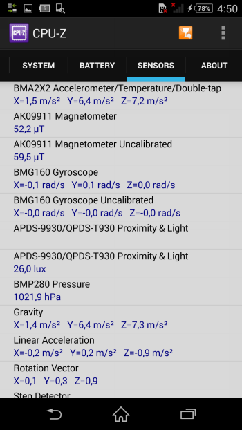  Sony Xperia Z2 system information: sensors 
